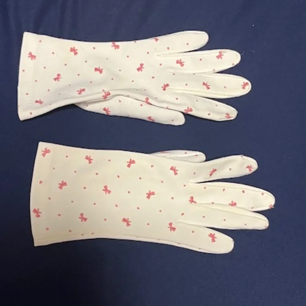 VTG Dressy White w/Pink Embroidered Ribbons Wristlet Gloves Petite Size 6